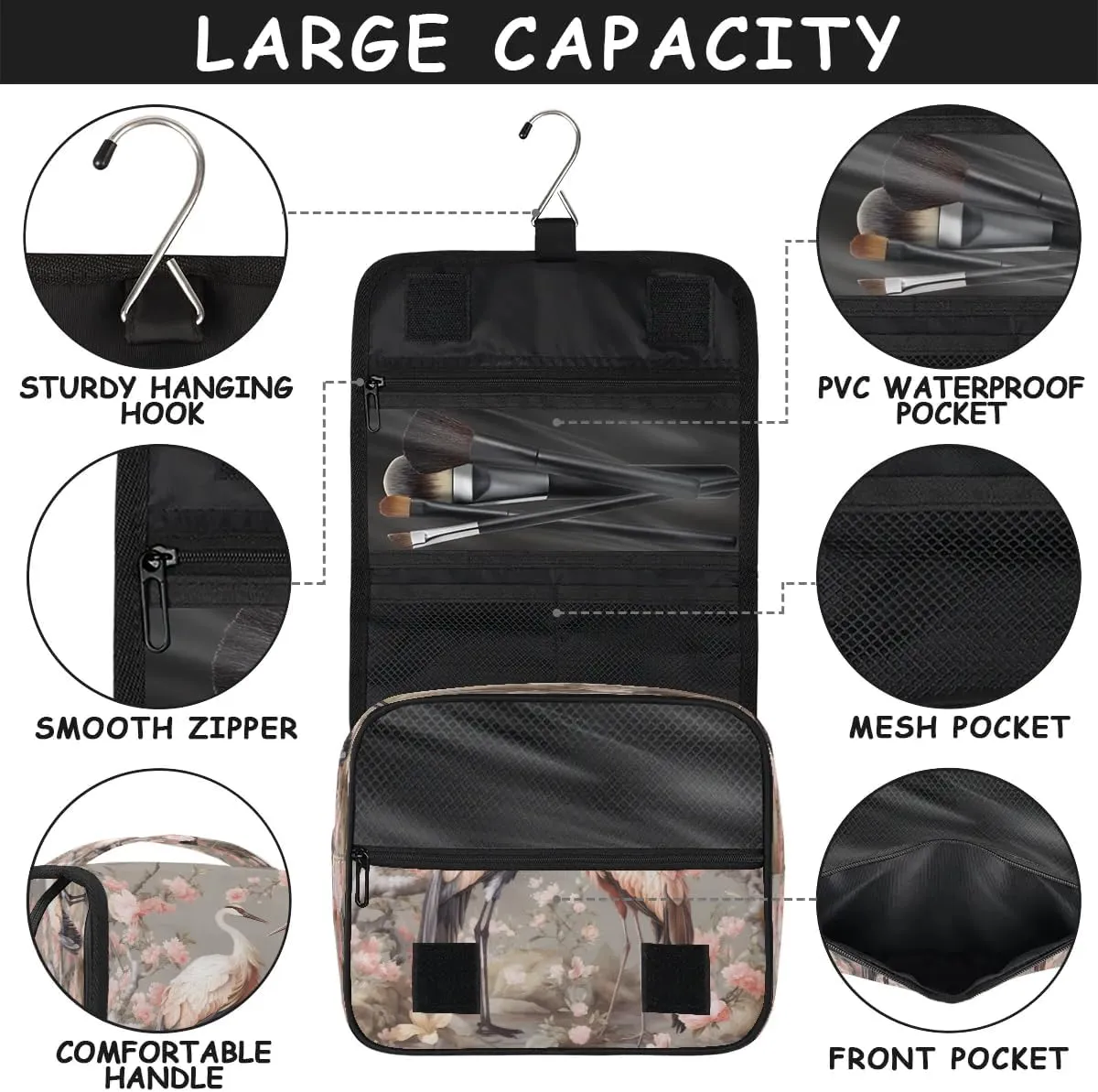 Hanging Travel Toiletry Bag Bird Crane Flower Toiletry Bags with Hanging Hook Portable Cosmetic Bag Makeup Organizer for Travel Business Trip