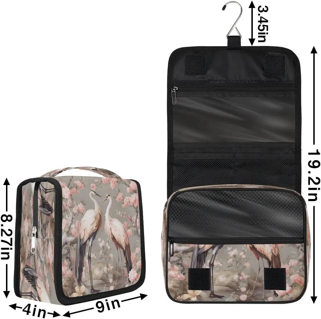 Hanging Travel Toiletry Bag Bird Crane Flower Toiletry Bags with Hanging Hook Portable Cosmetic Bag Makeup Organizer for Travel Business Trip