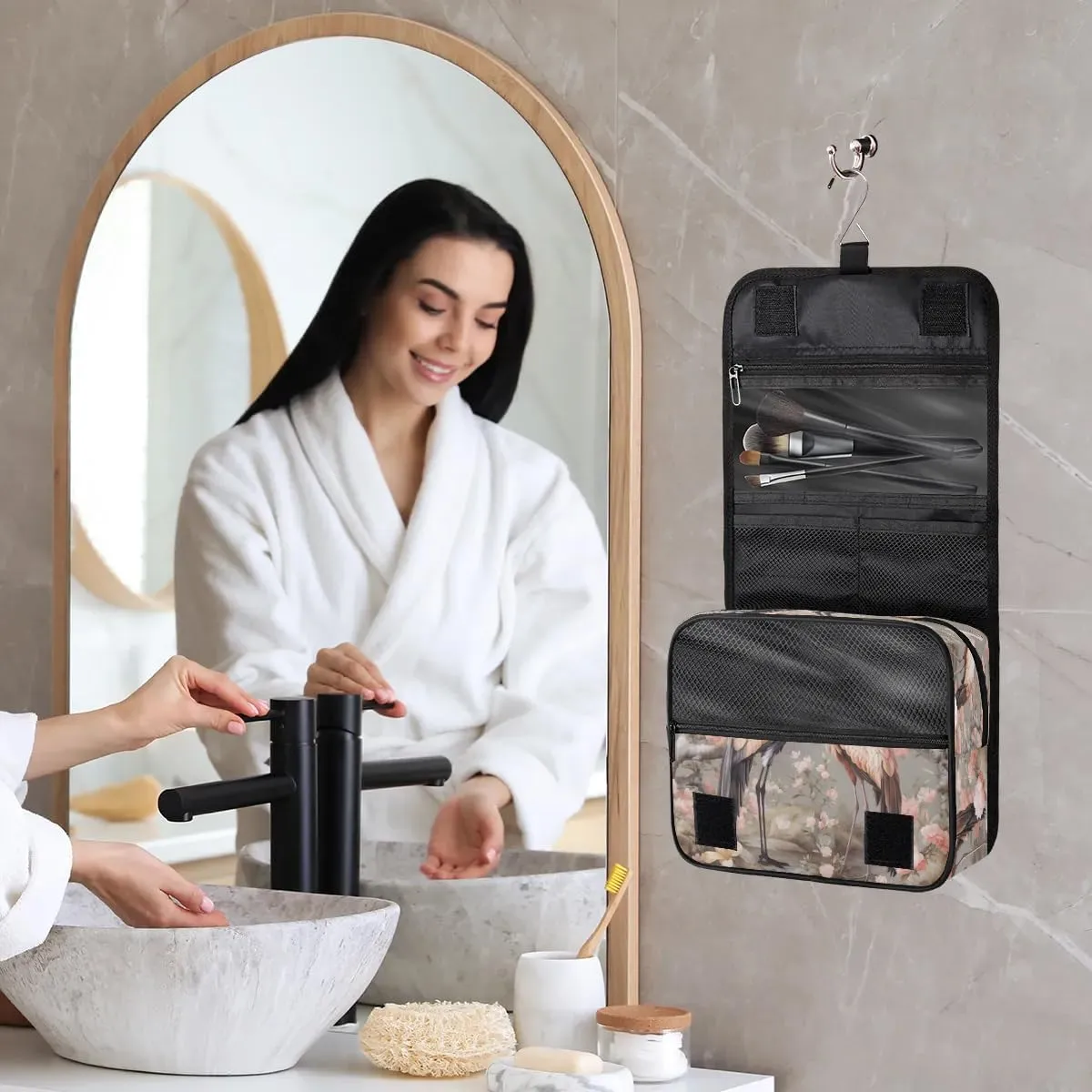 Hanging Travel Toiletry Bag Bird Crane Flower Toiletry Bags with Hanging Hook Portable Cosmetic Bag Makeup Organizer for Travel Business Trip