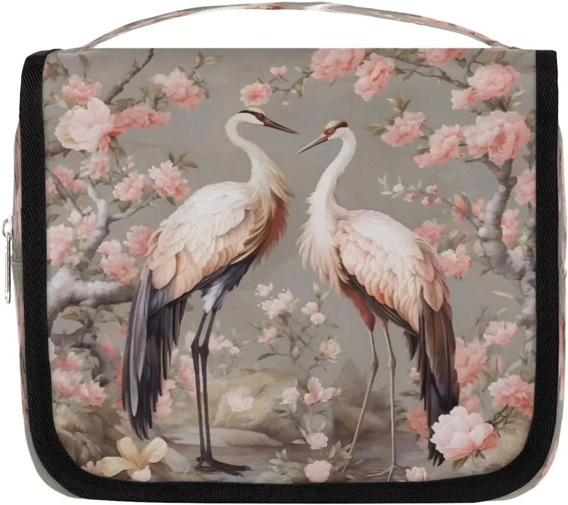 Hanging Travel Toiletry Bag Bird Crane Flower Toiletry Bags with Hanging Hook Portable Cosmetic Bag Makeup Organizer for Travel Business Trip