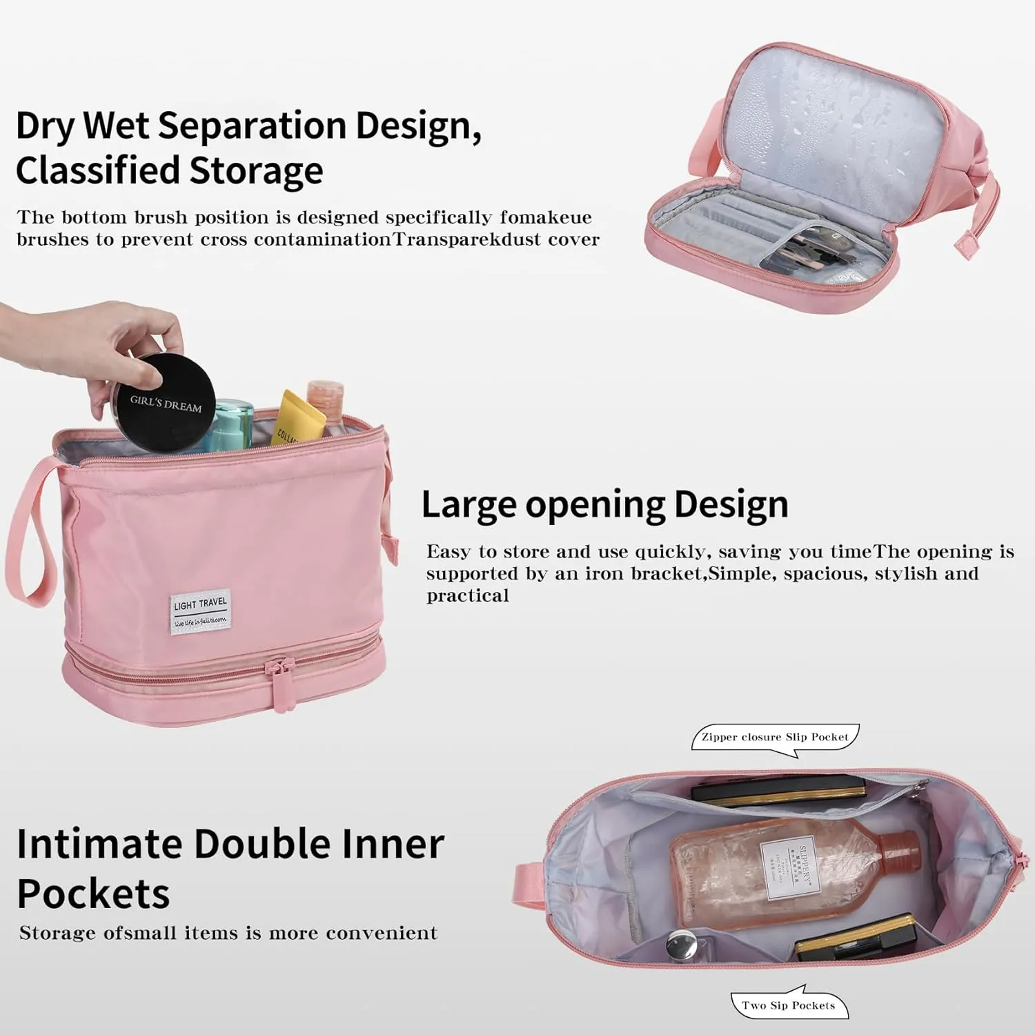 Hanging Travel Toiletry Bag for Women,Makeup Bag,Waterproof,Dry Wet Separation,Large Capacity, 8.66 x 4.92 x 6.5 In,Suitable for Accessoriestravel Toiletry Organizer (Woman, Pink)