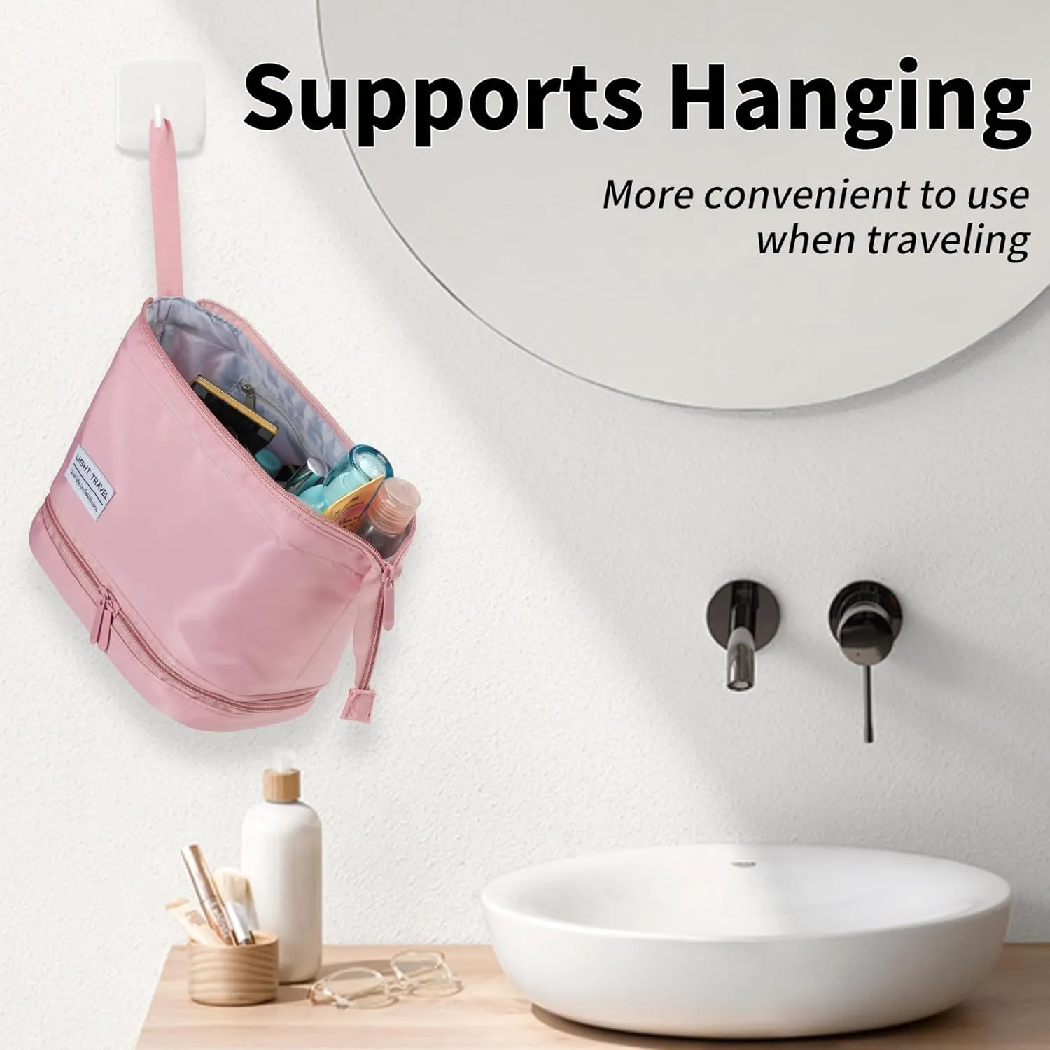 Hanging Travel Toiletry Bag for Women,Makeup Bag,Waterproof,Dry Wet Separation,Large Capacity, 8.66 x 4.92 x 6.5 In,Suitable for Accessoriestravel Toiletry Organizer (Woman, Pink)