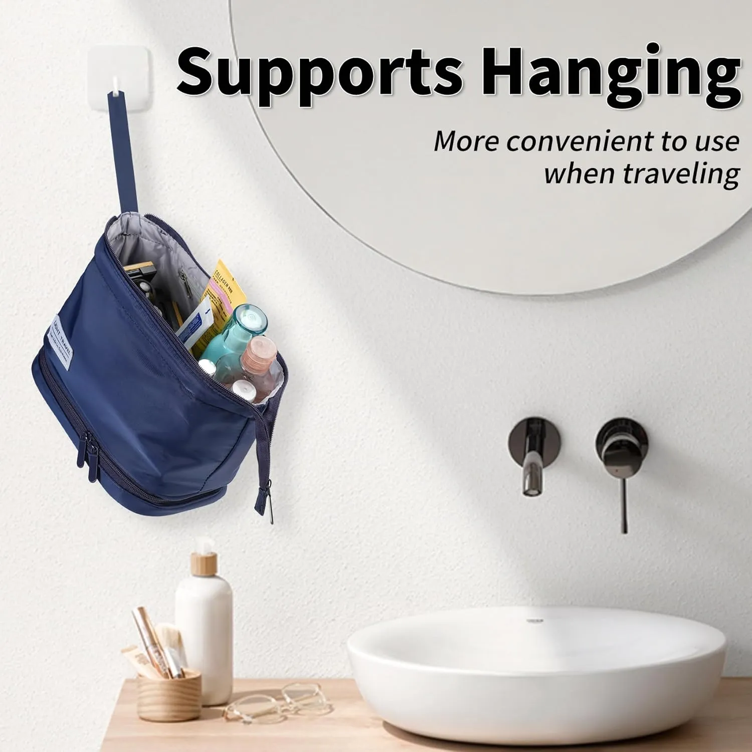 Hanging Travel Toiletry Bag for Women,Makeup Bag,Waterproof,Dry Wet Separation,Large Capacity, 8.66 x 4.92 x 6.5 In,Suitable for Accessoriestravel Toiletry Organizer(Woman, Navy Blue)