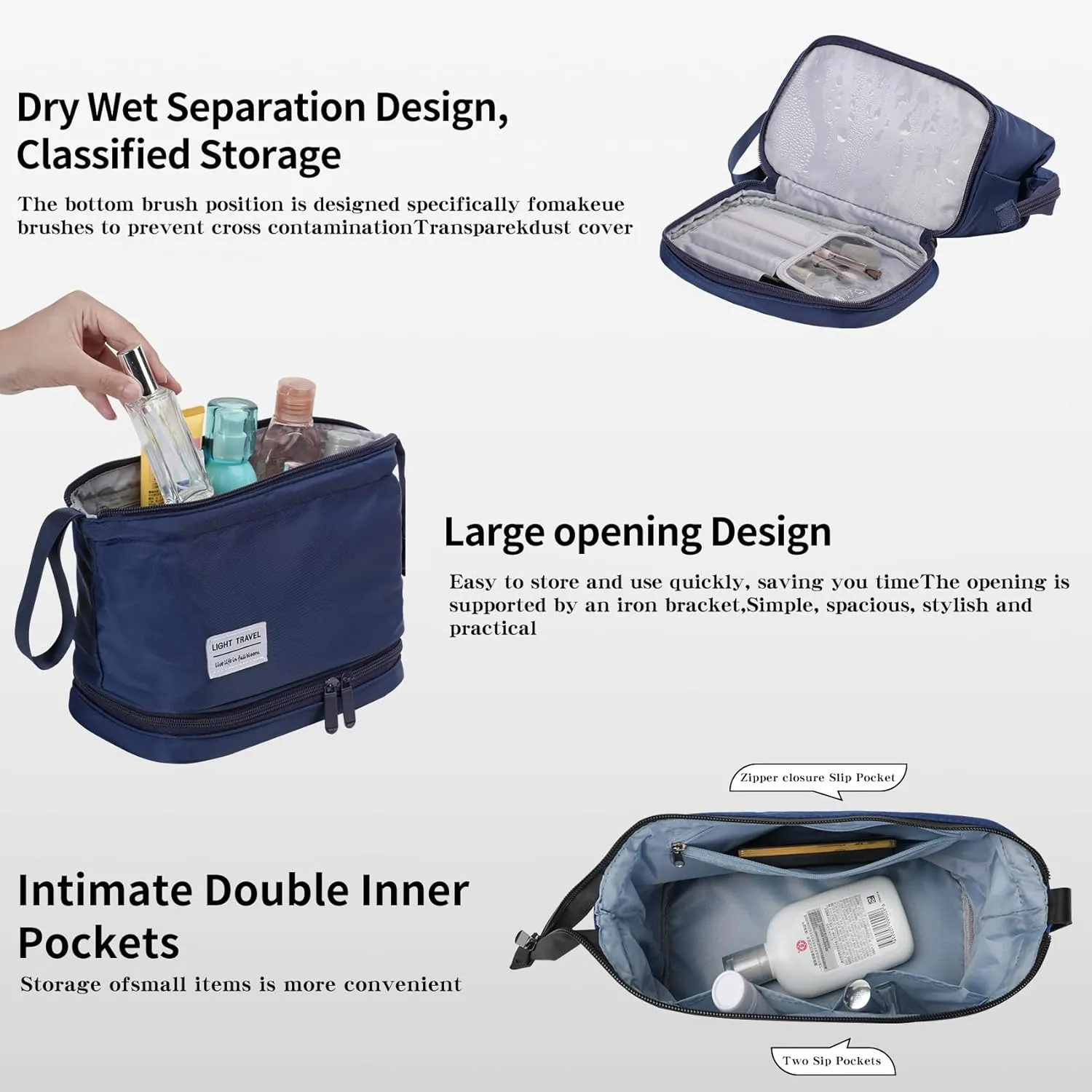 Hanging Travel Toiletry Bag for Women,Makeup Bag,Waterproof,Dry Wet Separation,Large Capacity, 8.66 x 4.92 x 6.5 In,Suitable for Accessoriestravel Toiletry Organizer(Woman, Navy Blue)