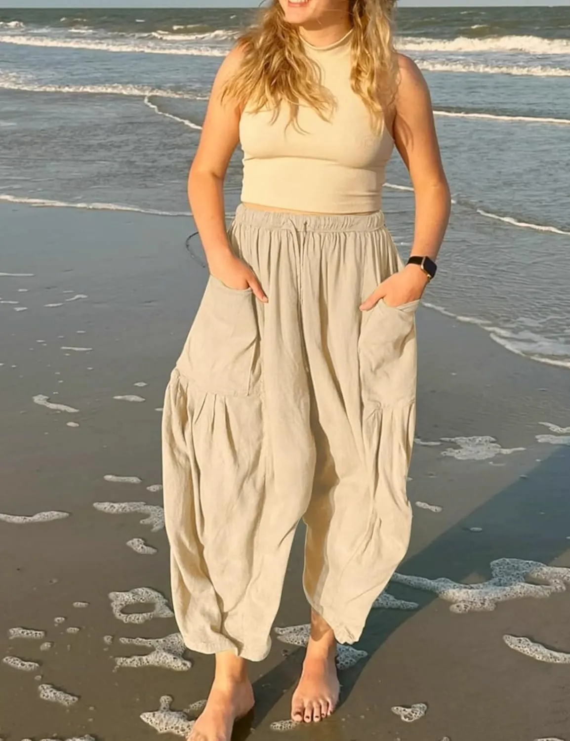 HangNiFang Cotton Linen Wide Leg Pants for Women High Waisted Beach Palazzo Harem Pants