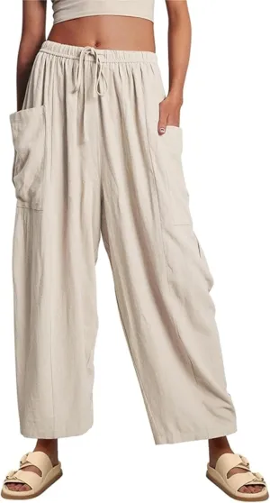 HangNiFang Cotton Linen Wide Leg Pants for Women High Waisted Beach Palazzo Harem Pants