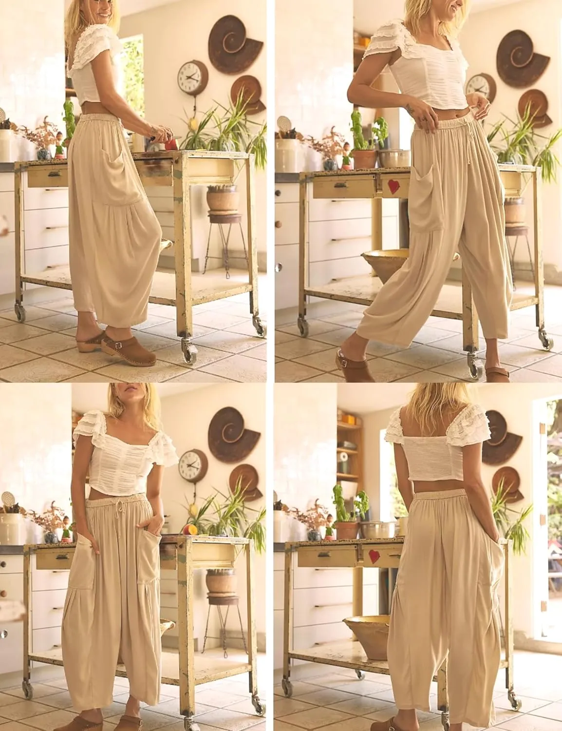 HangNiFang Cotton Linen Wide Leg Pants for Women High Waisted Beach Palazzo Harem Pants