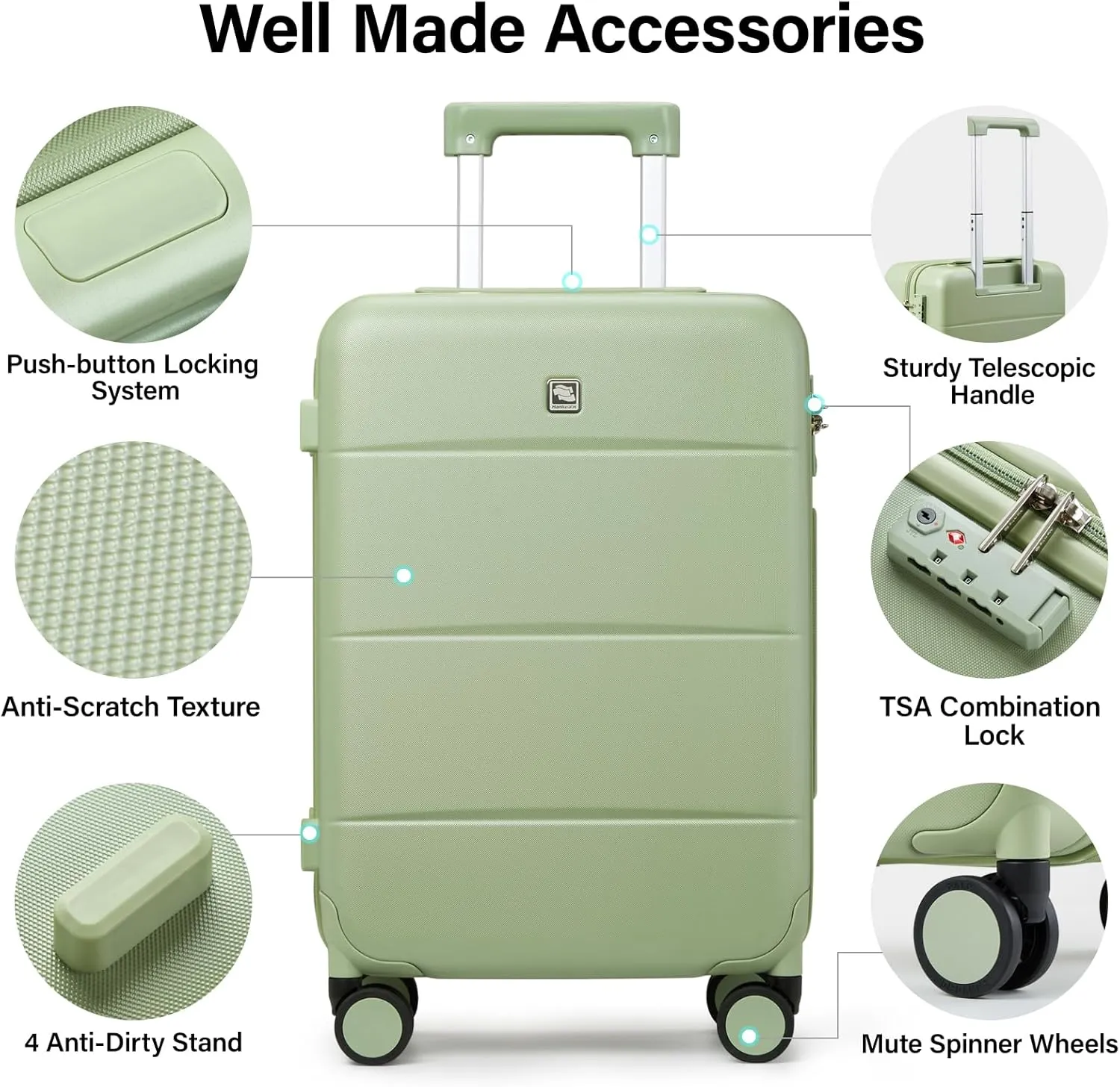 Hanke 20 Inch Carry On Luggage 22x14x9 Airline Approved PC Hard Shell Suitcases with Wheels TSA Luggage for Women Men Lightweight Travel Luggage(Bamboo Green)