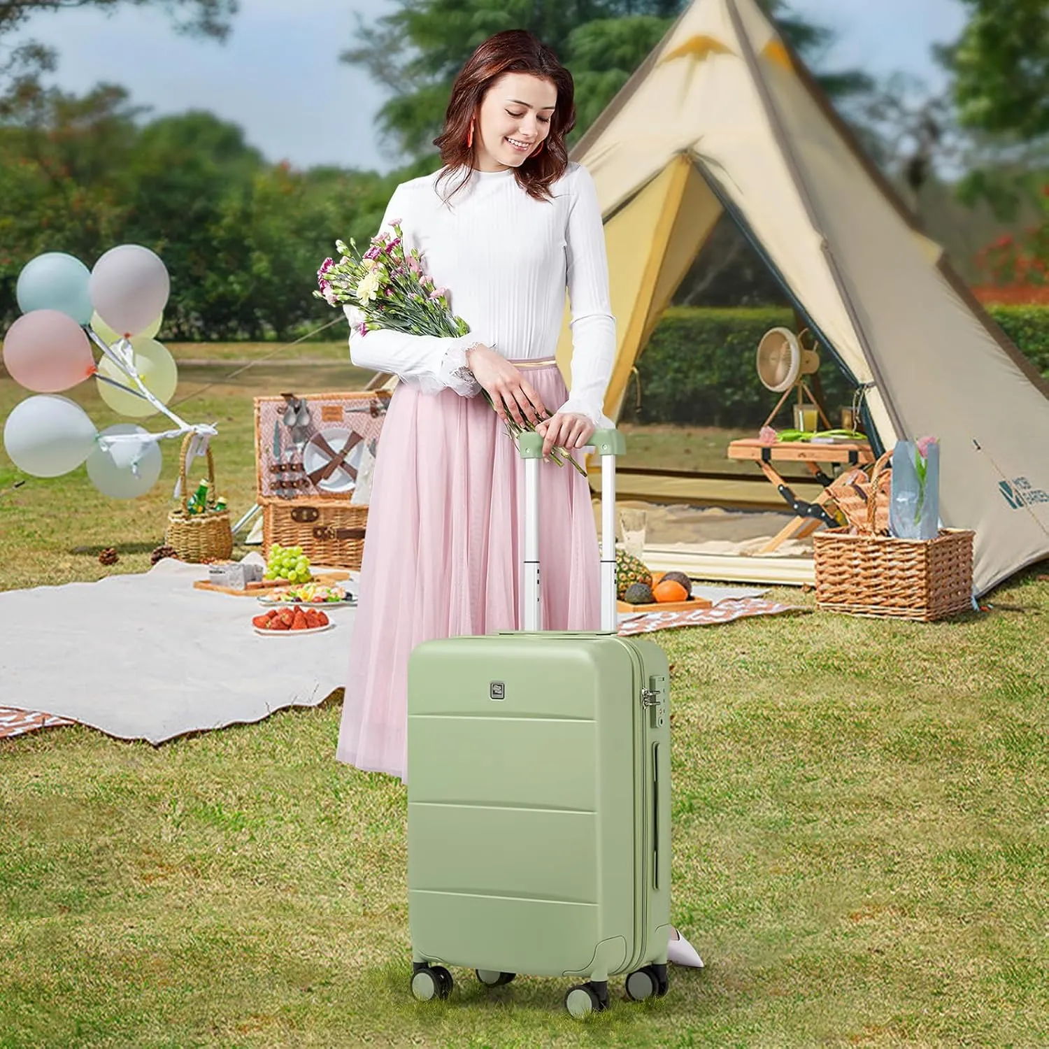 Hanke 20 Inch Carry On Luggage 22x14x9 Airline Approved PC Hard Shell Suitcases with Wheels TSA Luggage for Women Men Lightweight Travel Luggage(Bamboo Green)