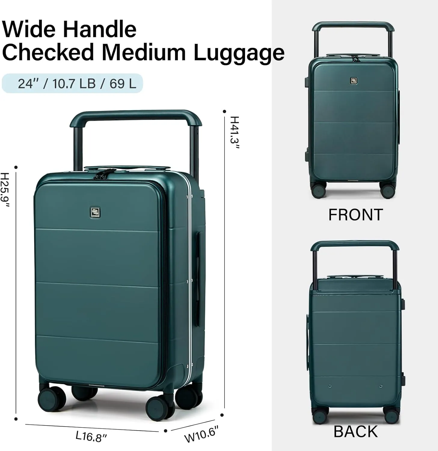 Hanke Luggage Hard Shell Suitcases 24 Inch Checked-Medium Luggage with Spinner Wheels TSA Approved Travel Luggage Wide Handle for Men Women(Blackish Green)