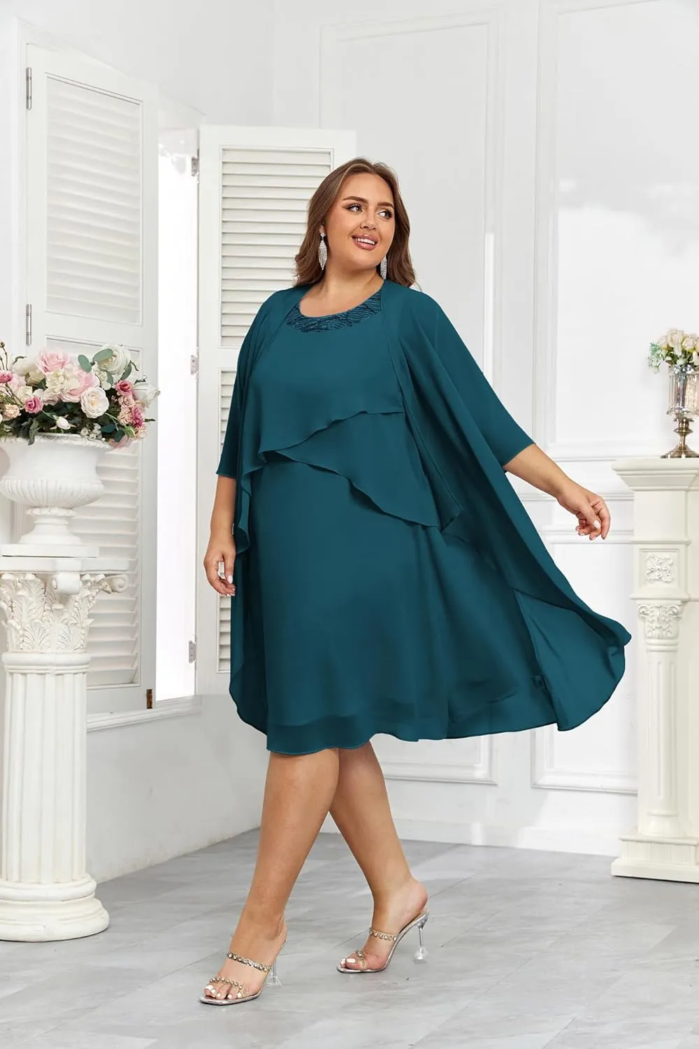 Hanna Nikole Womens Plus Size Dress with Jacket 2 Piece Wedding Guest Dresses Flowy Mother of The Bride Dress