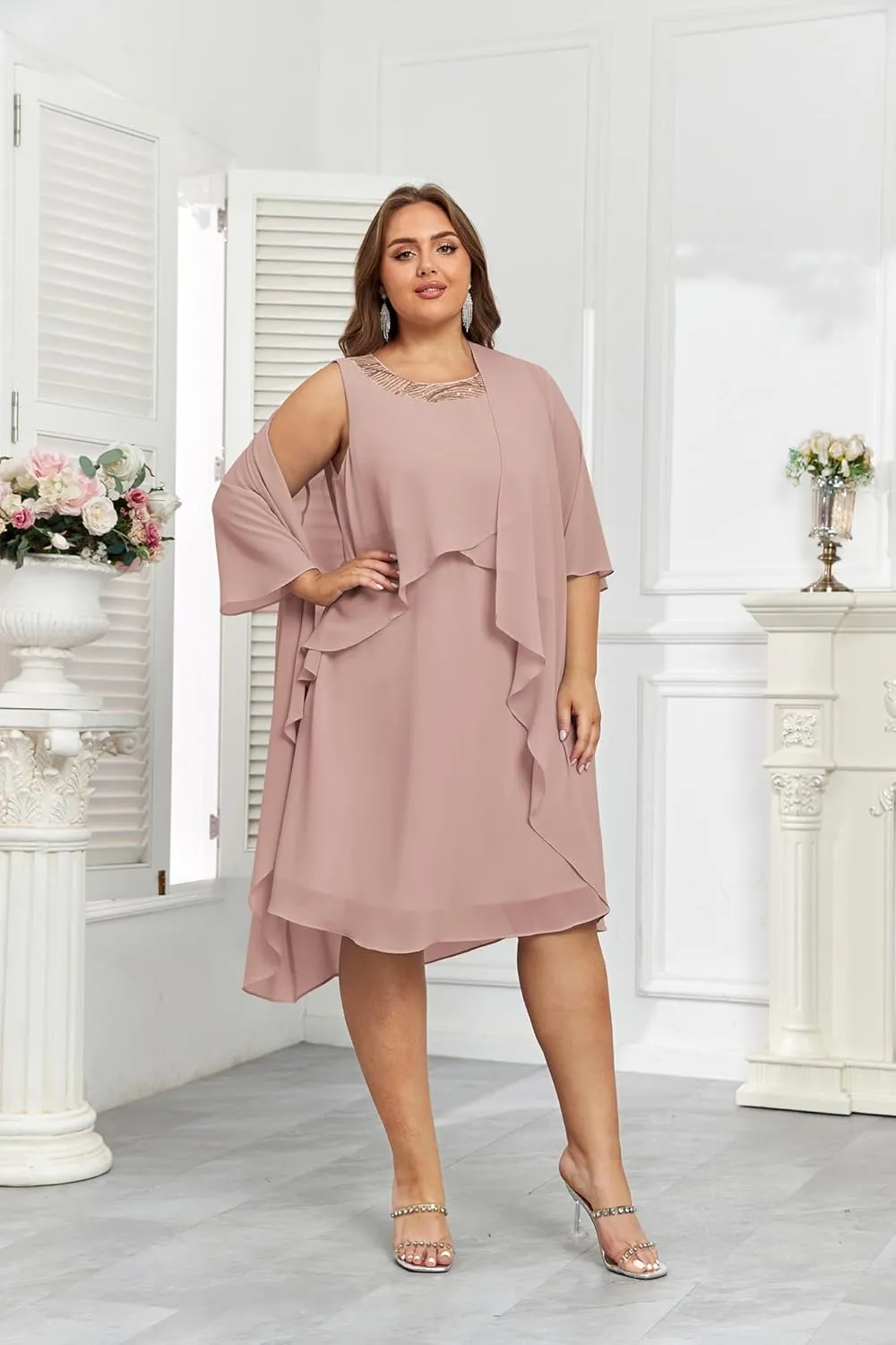 Hanna Nikole Womens Plus Size Dress with Jacket 2 Piece Wedding Guest Dresses Flowy Mother of The Bride Dress