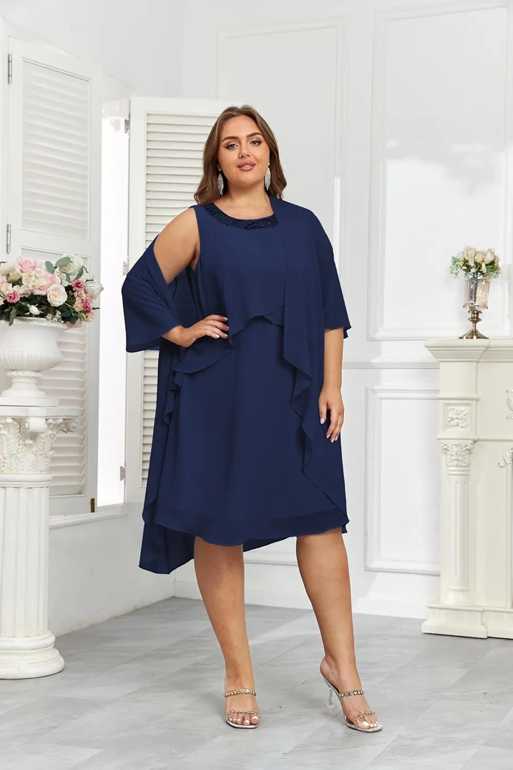 Hanna Nikole Womens Plus Size Dress with Jacket 2 Piece Wedding Guest Dresses Flowy Mother of The Bride Dress