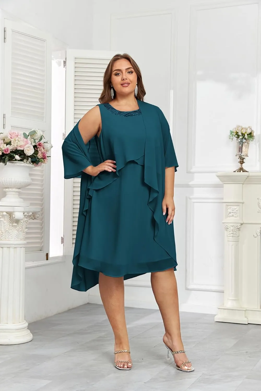Hanna Nikole Womens Plus Size Dress with Jacket 2 Piece Wedding Guest Dresses Flowy Mother of The Bride Dress