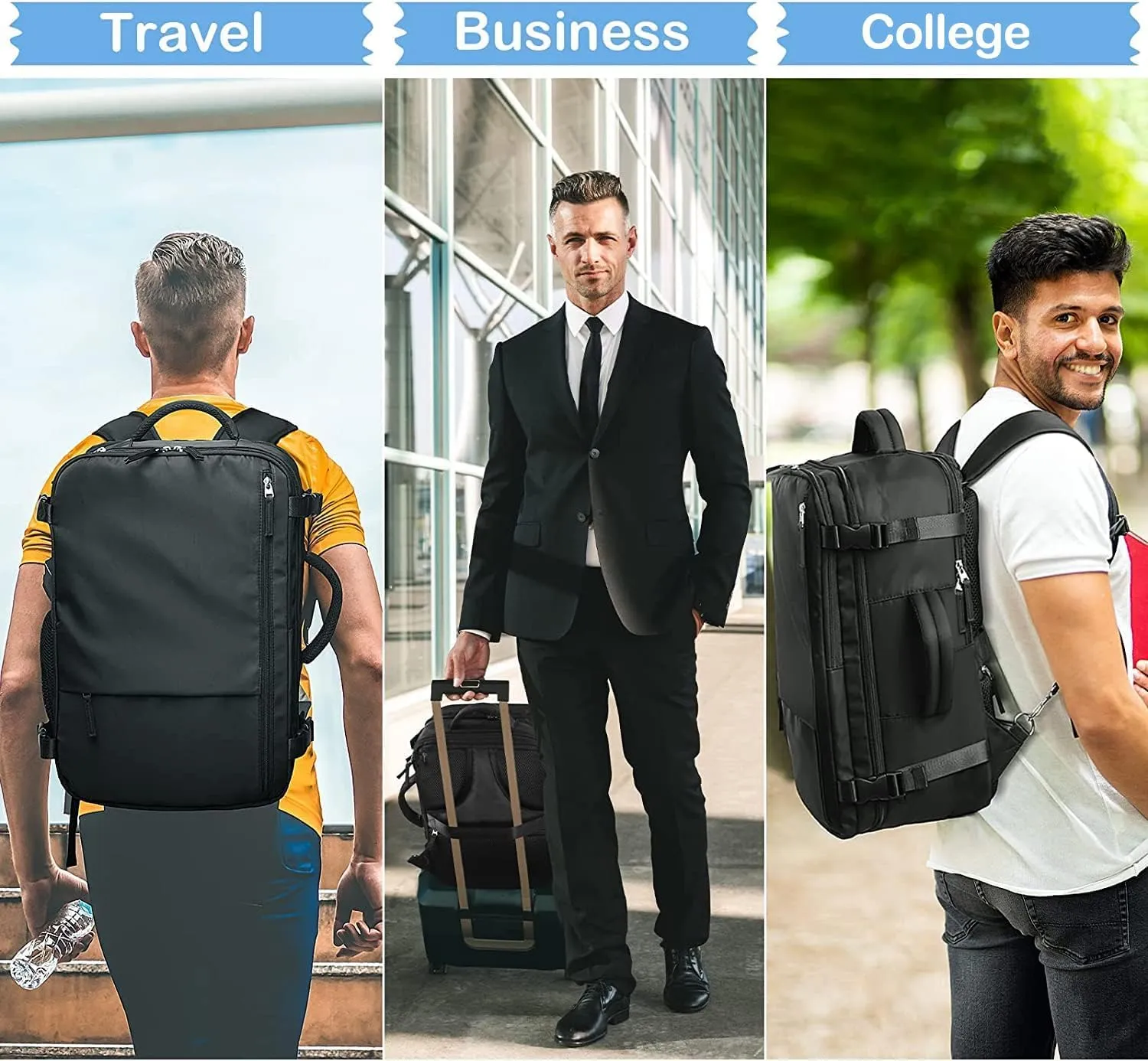 Hanples Travel Backpack for Women Men Large Carry On Person Item Flight Approved 17 In Laptop Backpack Waterproof anti theft Casual Luggage with 2 Toiletry Bag(Black)