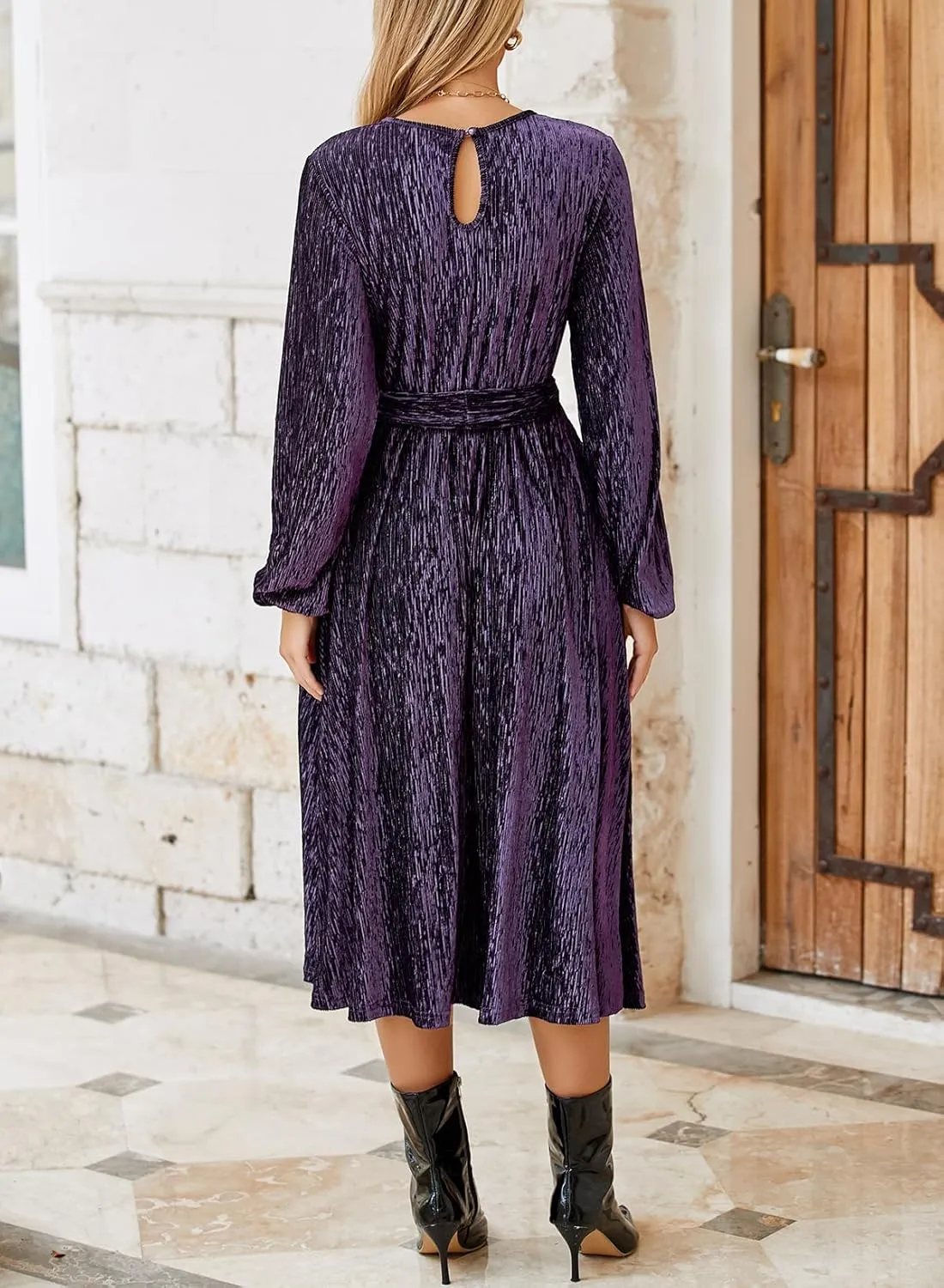 Happy Sailed Women's Velvet Dress Fashion Spring Lantern Sleeve High Waist A-Line Long Formal Party Dresses