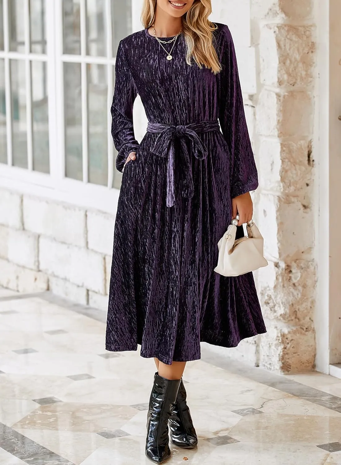 Happy Sailed Women's Velvet Dress Fashion Spring Lantern Sleeve High Waist A-Line Long Formal Party Dresses