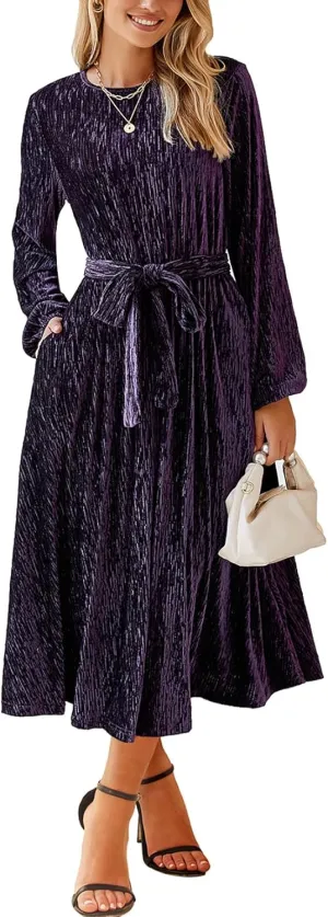 Happy Sailed Women's Velvet Dress Fashion Spring Lantern Sleeve High Waist A-Line Long Formal Party Dresses