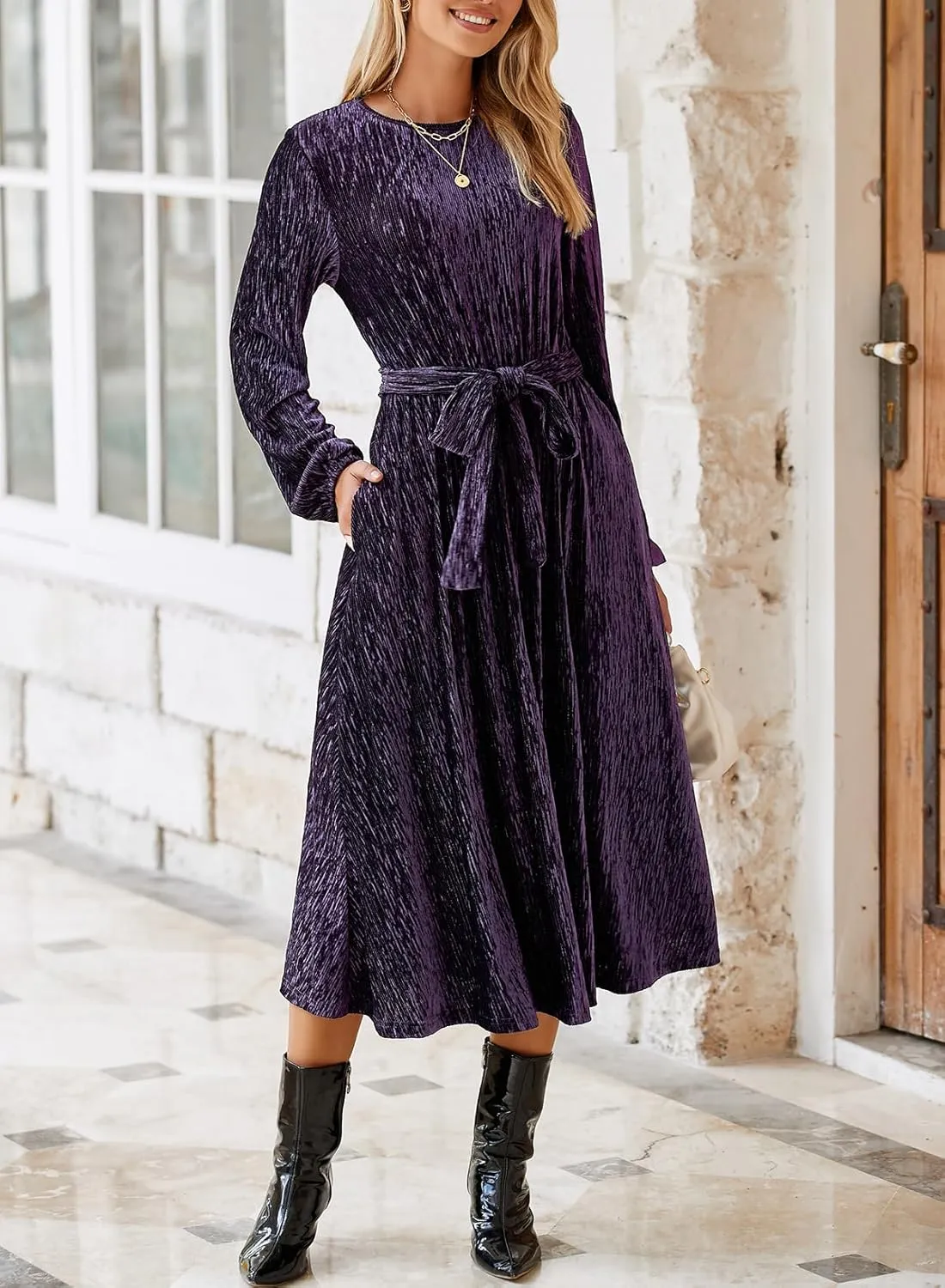 Happy Sailed Women's Velvet Dress Fashion Spring Lantern Sleeve High Waist A-Line Long Formal Party Dresses