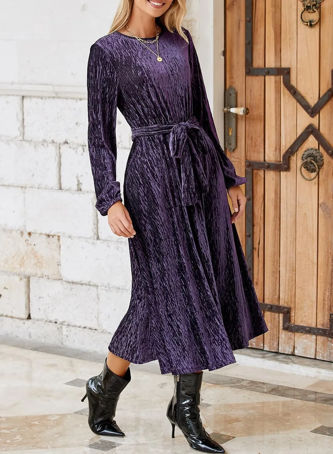 Happy Sailed Women's Velvet Dress Fashion Spring Lantern Sleeve High Waist A-Line Long Formal Party Dresses