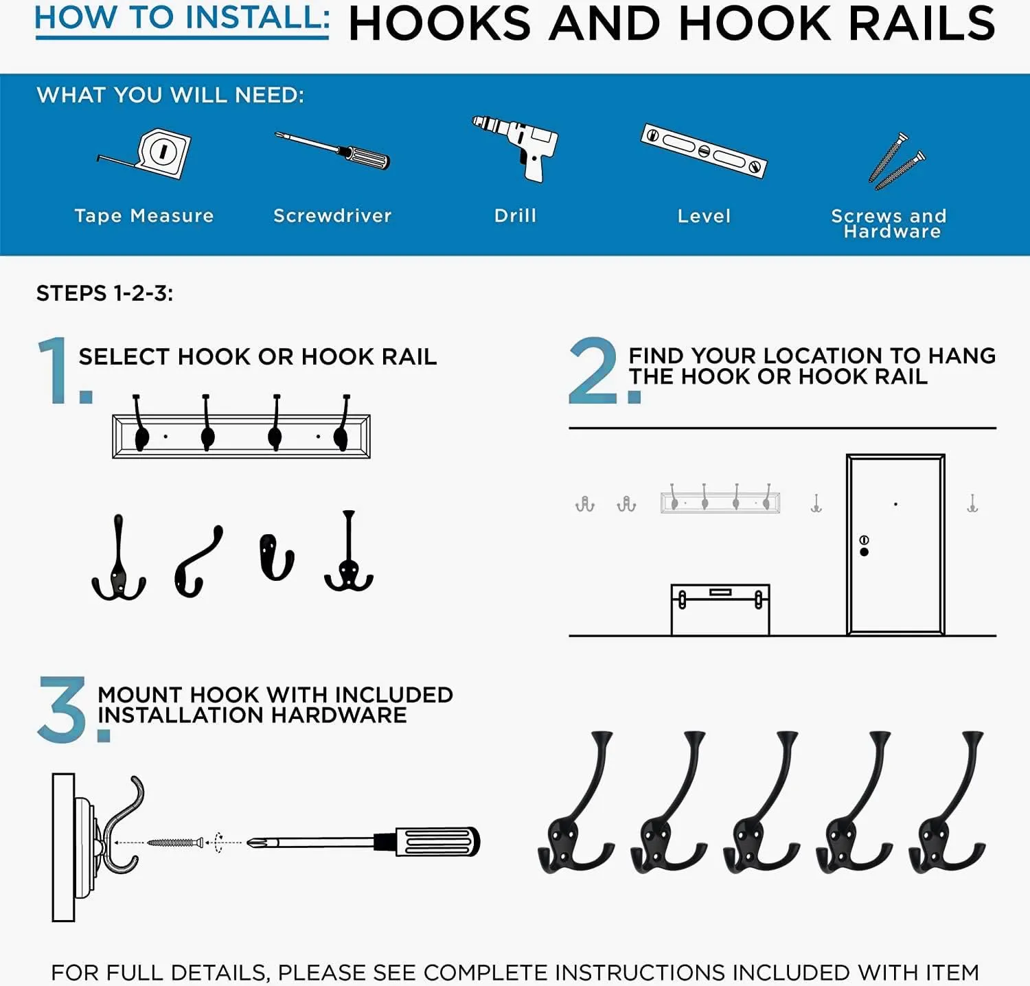 HARPOON 5 Pack Heavy Duty Three Flared Prongs Coat Hooks, Wall Mounted with 15 Screws Retro Three Robe Hooks, Utility Hooks for Scarf, Bag, Towel, Key, Cap, Cup, Hat (Satin Nickel)