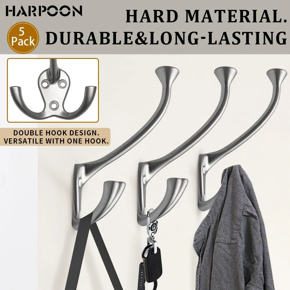 HARPOON 5 Pack Heavy Duty Three Flared Prongs Coat Hooks, Wall Mounted with 15 Screws Retro Three Robe Hooks, Utility Hooks for Scarf, Bag, Towel, Key, Cap, Cup, Hat (Satin Nickel)