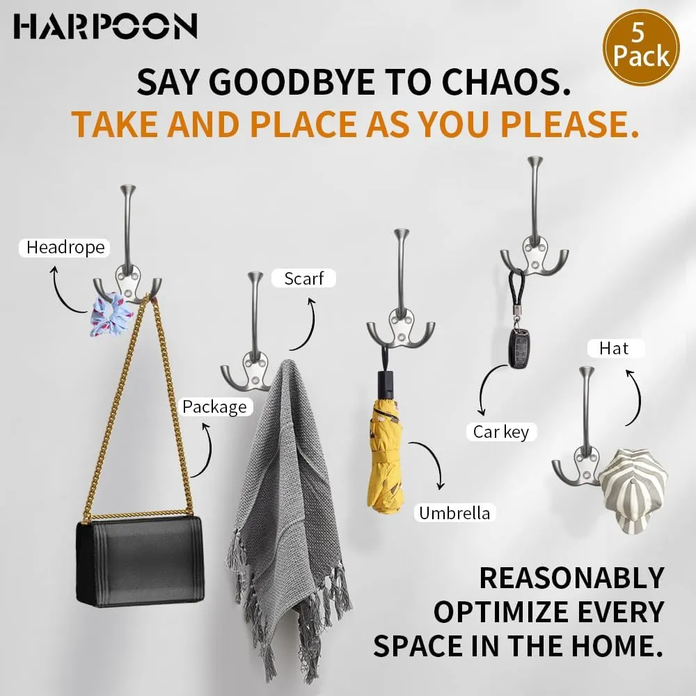 HARPOON 5 Pack Heavy Duty Three Flared Prongs Coat Hooks, Wall Mounted with 15 Screws Retro Three Robe Hooks, Utility Hooks for Scarf, Bag, Towel, Key, Cap, Cup, Hat (Satin Nickel)