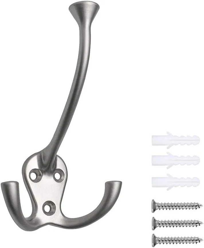 HARPOON 5 Pack Heavy Duty Three Flared Prongs Coat Hooks, Wall Mounted with 15 Screws Retro Three Robe Hooks, Utility Hooks for Scarf, Bag, Towel, Key, Cap, Cup, Hat (Satin Nickel)