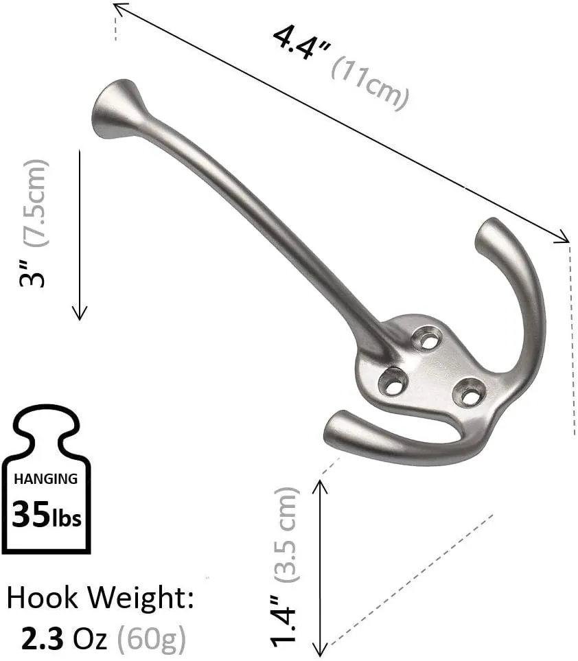 HARPOON 5 Pack Heavy Duty Three Flared Prongs Coat Hooks, Wall Mounted with 15 Screws Retro Three Robe Hooks, Utility Hooks for Scarf, Bag, Towel, Key, Cap, Cup, Hat (Satin Nickel)