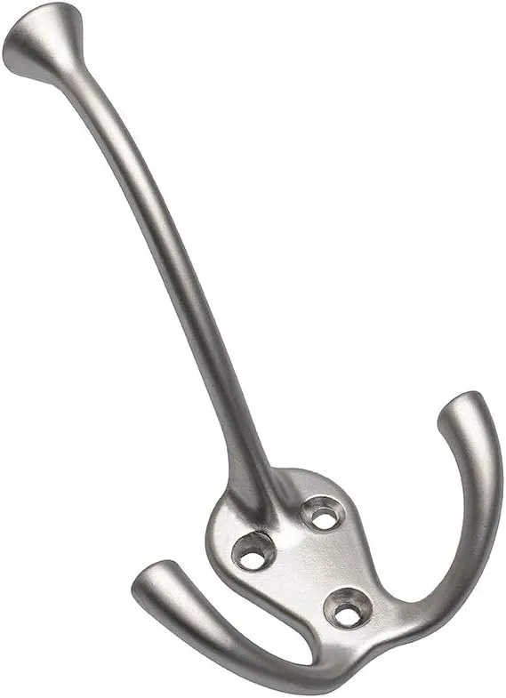 HARPOON 5 Pack Heavy Duty Three Flared Prongs Coat Hooks, Wall Mounted with 15 Screws Retro Three Robe Hooks, Utility Hooks for Scarf, Bag, Towel, Key, Cap, Cup, Hat (Satin Nickel)