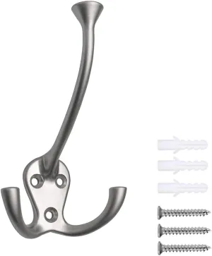 HARPOON 5 Pack Heavy Duty Three Flared Prongs Coat Hooks, Wall Mounted with 15 Screws Retro Three Robe Hooks, Utility Hooks for Scarf, Bag, Towel, Key, Cap, Cup, Hat (Satin Nickel)
