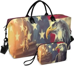 Hawk on America Flag Sports Gym Bag for Women Men Travel Duffel Bag Weekend Overnight Carry on Bag with Toiletry Bag Yoga Bag for Swimming Yoga Workout Plane Hospital