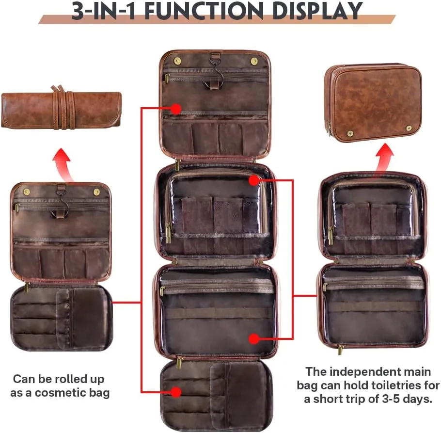 HDSD Custom 3-in-1 PU Leather Toiletry Bag For Men Personalized Hanging Travel Organizer Bag for Father Husband Boyfriend (Black)