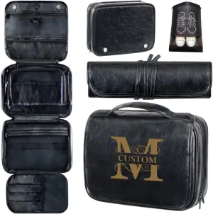 HDSD Custom 3-in-1 PU Leather Toiletry Bag For Men Personalized Hanging Travel Organizer Bag for Father Husband Boyfriend (Black)