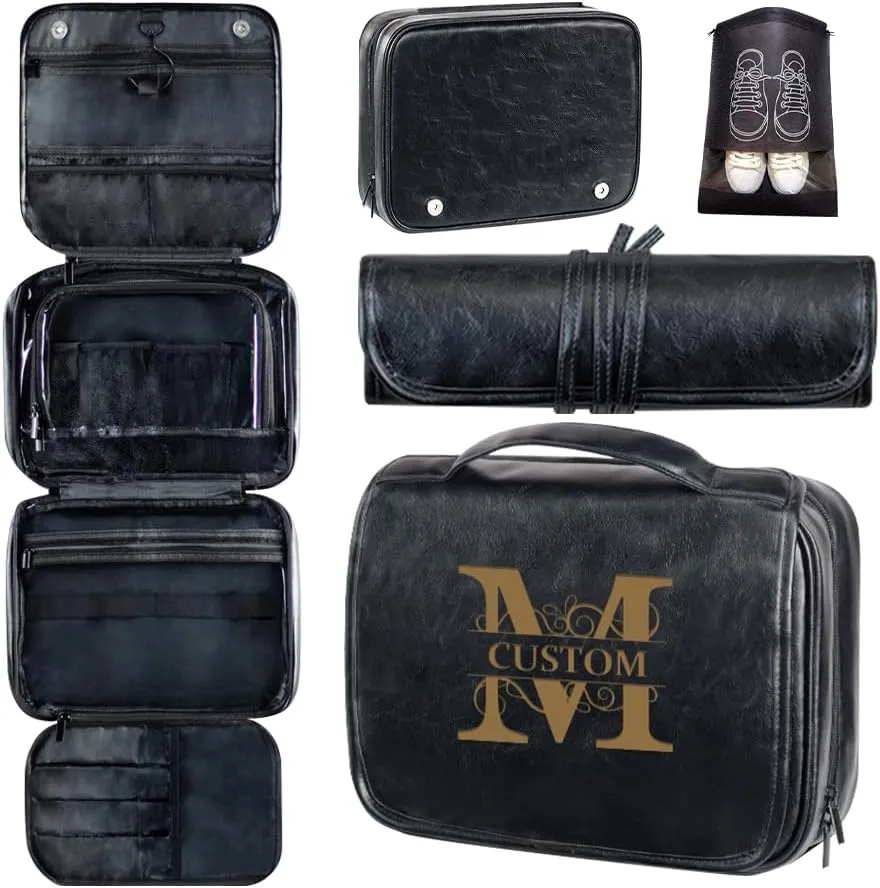 HDSD Custom 3-in-1 PU Leather Toiletry Bag For Men Personalized Hanging Travel Organizer Bag for Father Husband Boyfriend (Black)