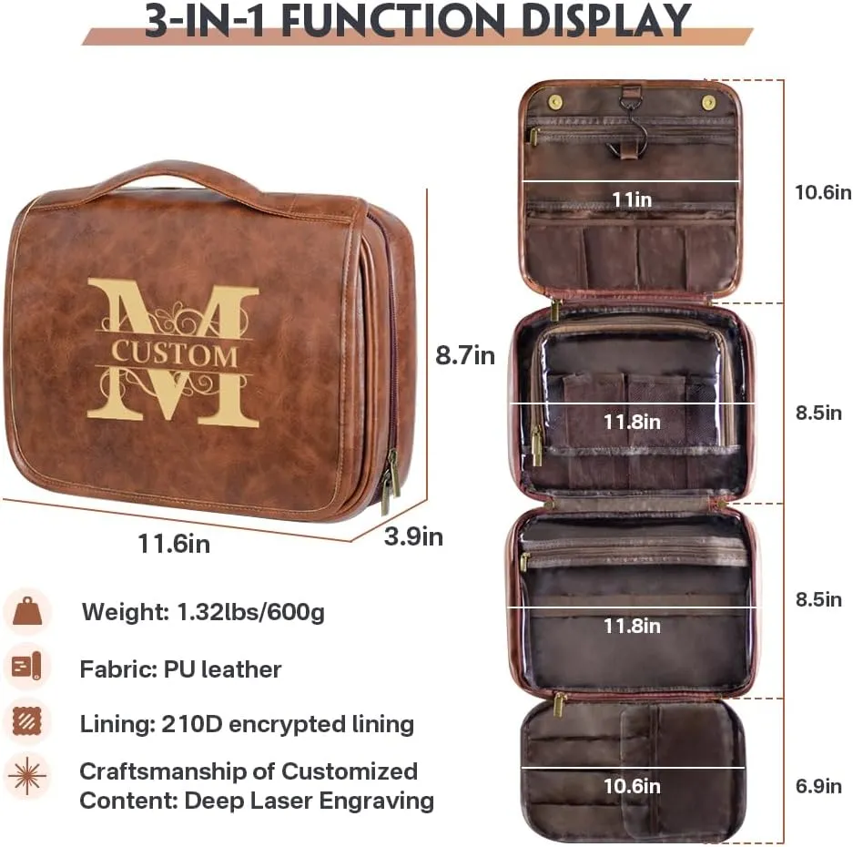 HDSD Custom 3-in-1 PU Leather Toiletry Bag For Men Personalized Hanging Travel Organizer Bag for Father Husband Boyfriend (Black)