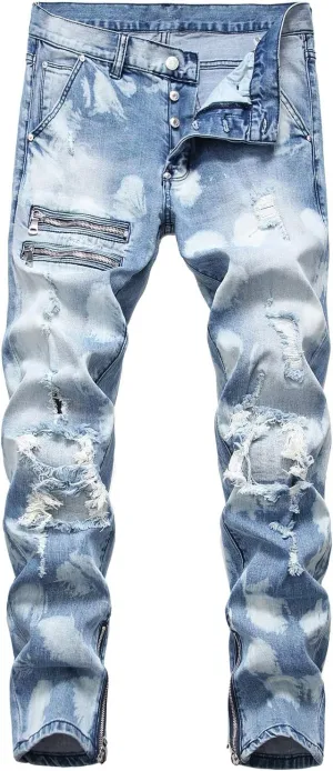 HENGAO Men's Ripped Jeans Slim Fit Stretch Straight Fit Denim Pants