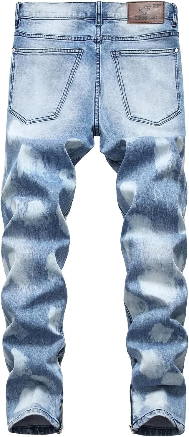 HENGAO Men's Ripped Jeans Slim Fit Stretch Straight Fit Denim Pants