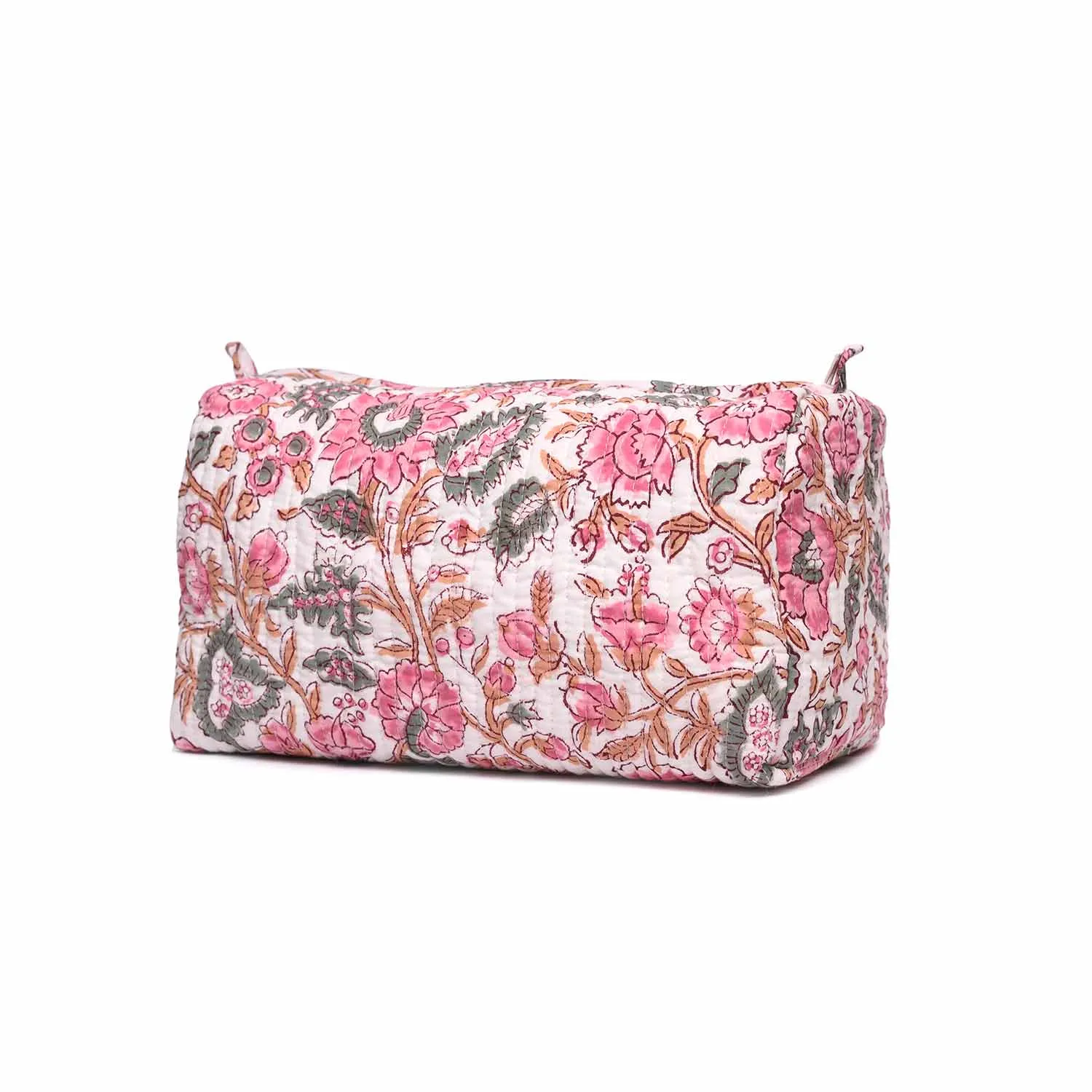 HIBISCUS WHITE PINK PRINTED QUILTED TOILETRY POUCH
