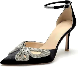 High Heel Wedding Shoes for Bride Closed Toe Bridal Heels Rhinestones Butterfly Prom Evening Party Shoes