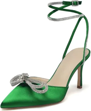 High Heel Wedding Shoes for Bride Pointed Toe Ankle Strap Bridal Shoes Glitter Bow Wedding Heels