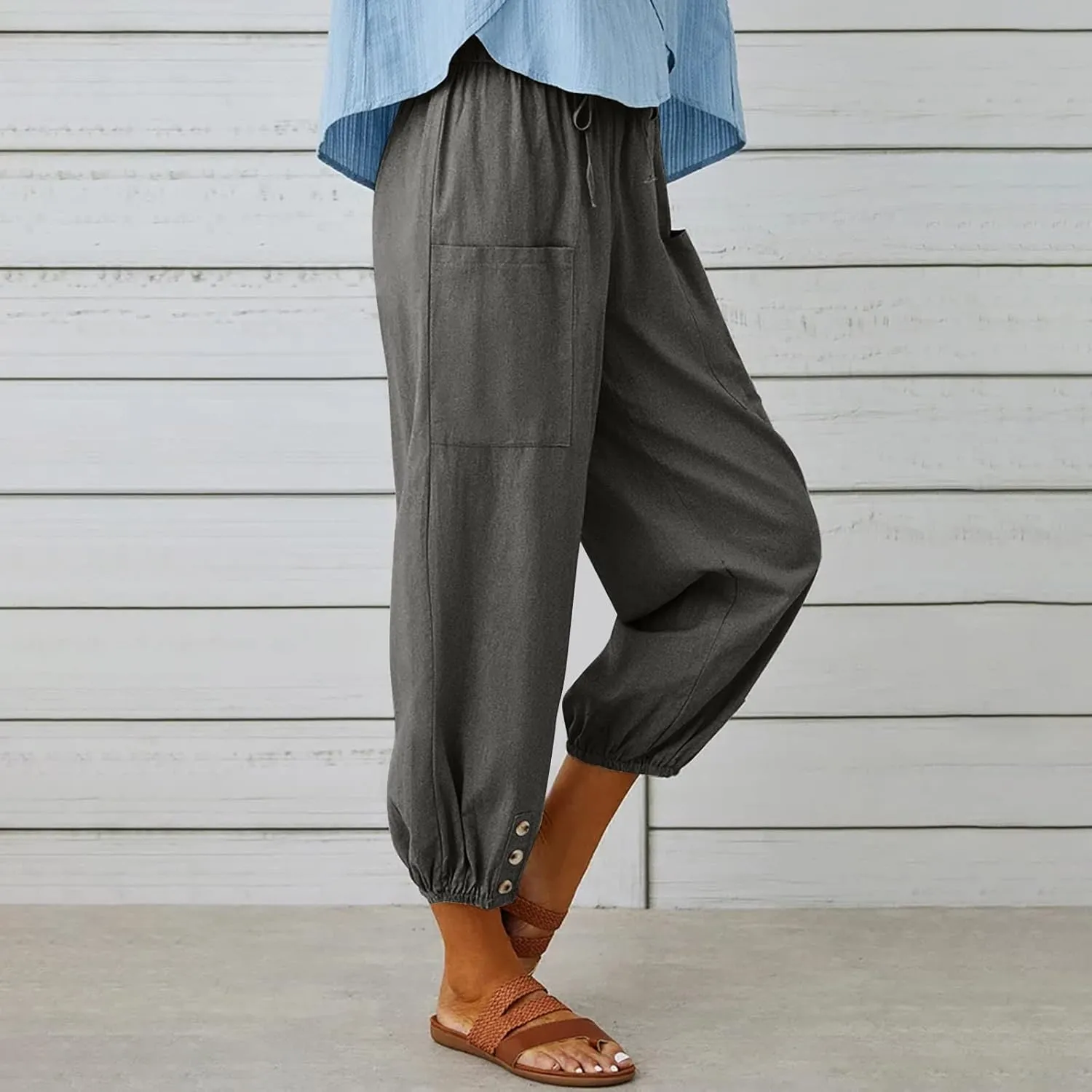 High Waist Cotton Linen Pants for Women Casual Summer Drawstring Lounge Pants Loose Cropped Trousers with Pockets
