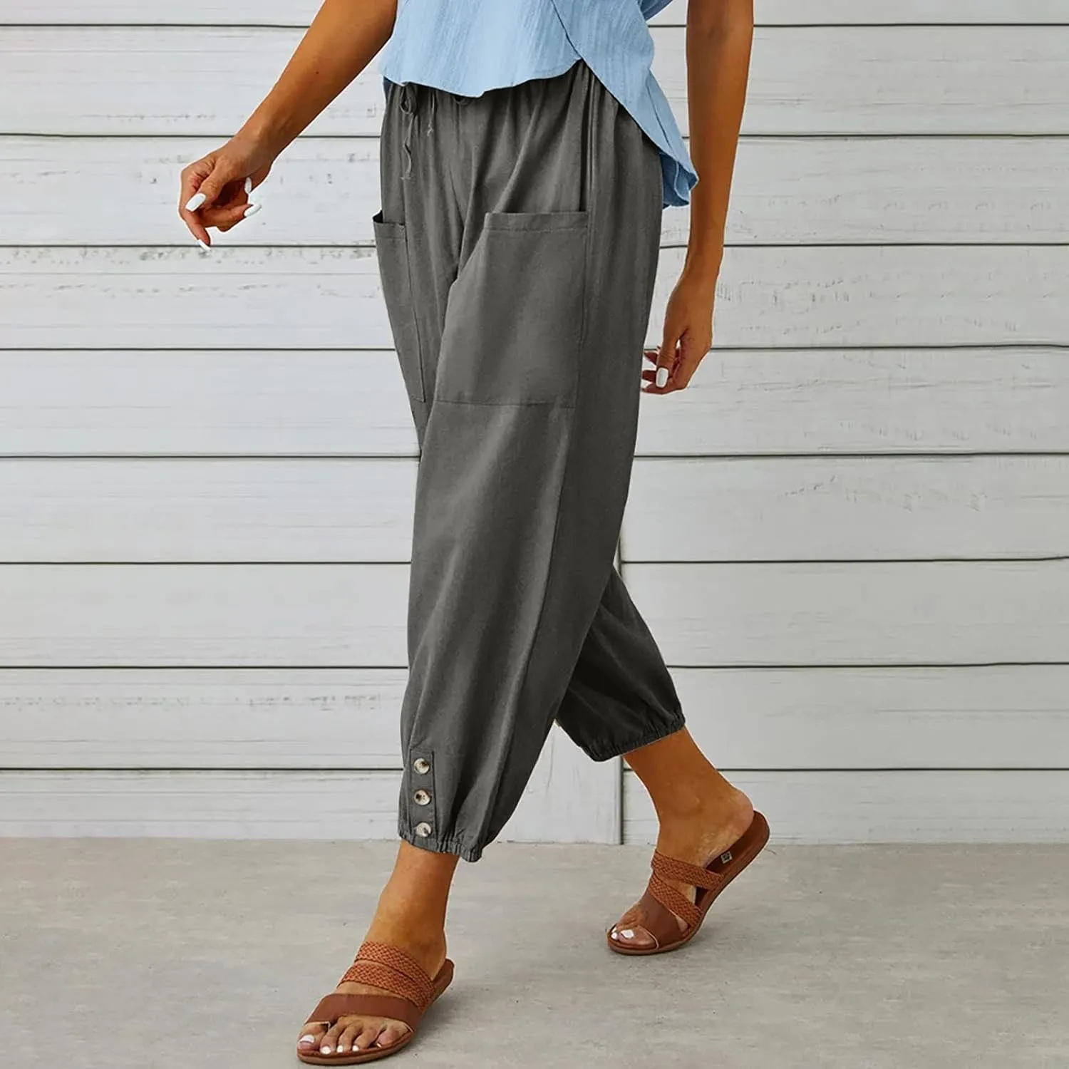 High Waist Cotton Linen Pants for Women Casual Summer Drawstring Lounge Pants Loose Cropped Trousers with Pockets