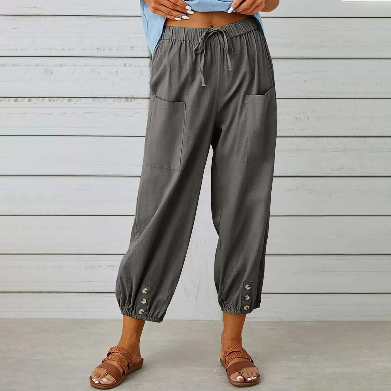 High Waist Cotton Linen Pants for Women Casual Summer Drawstring Lounge Pants Loose Cropped Trousers with Pockets