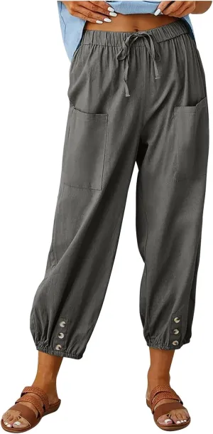 High Waist Cotton Linen Pants for Women Casual Summer Drawstring Lounge Pants Loose Cropped Trousers with Pockets