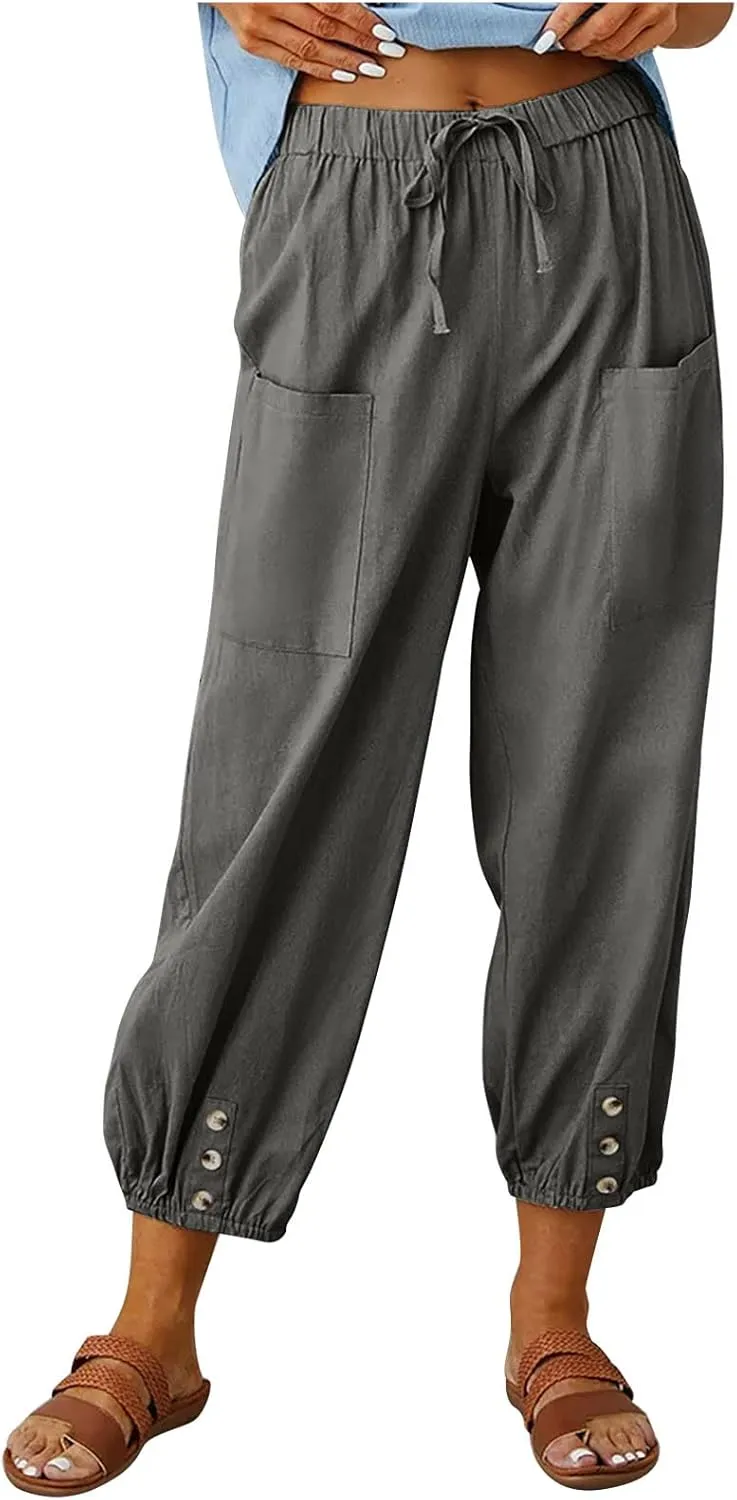 High Waist Cotton Linen Pants for Women Casual Summer Drawstring Lounge Pants Loose Cropped Trousers with Pockets