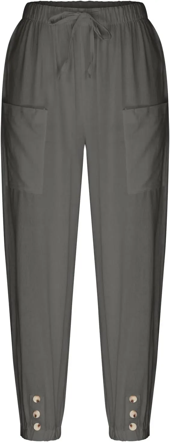 High Waist Cotton Linen Pants for Women Casual Summer Drawstring Lounge Pants Loose Cropped Trousers with Pockets
