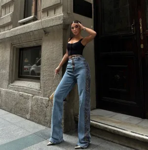 High-Waisted Jeans Leopard Print Patchwork Washed Blue Straight-Leg Pants.W-240520-5