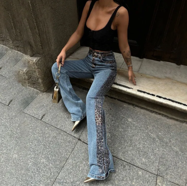 High-Waisted Jeans Leopard Print Patchwork Washed Blue Straight-Leg Pants.W-240520-5
