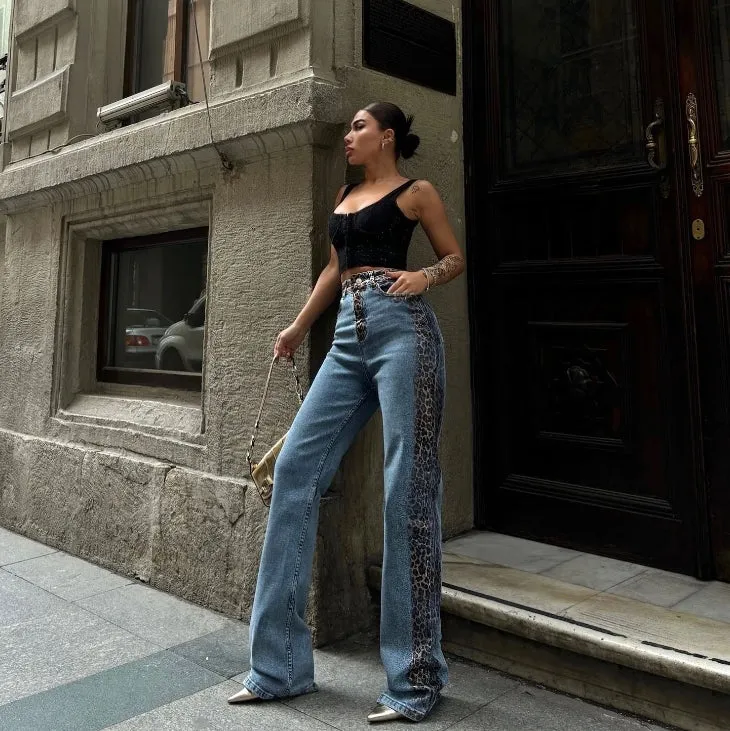 High-Waisted Jeans Leopard Print Patchwork Washed Blue Straight-Leg Pants.W-240520-5